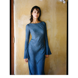 Blue Silk Long Sleeve Long Dress Sun Protection Vacation Style