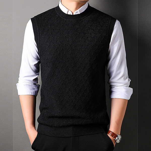 Men vest knit vest men's round neck sleeveless sweater solid color jacqué vest