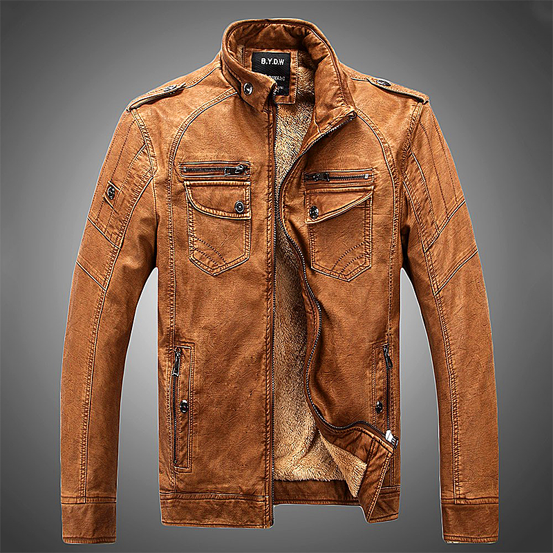 Fleece Men's leather coat Plush loose leather jacket washed Pu men's coat