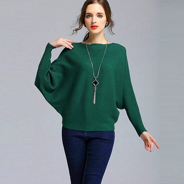 Women warm knitted top, small bat sleeves, loose autumn thin pullover, solid color, simple temperament, one word neck sweater