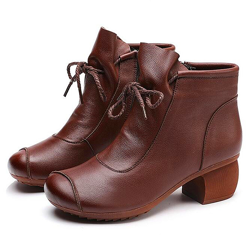 Women shoes retro shoes autumn and winter comfortable leather boots side zipper retro middle heel short boots thick heel lace up women's boots
