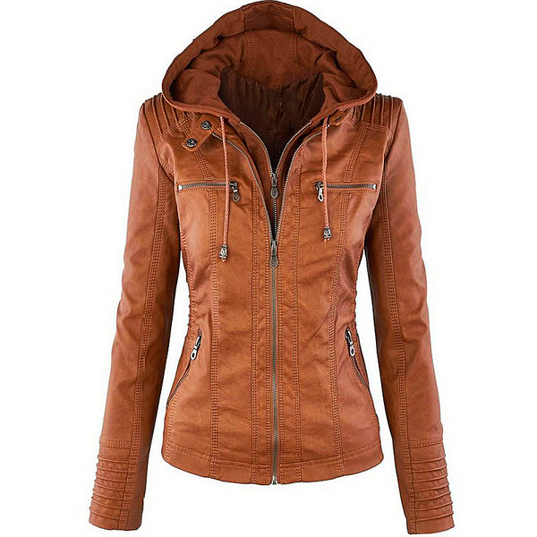 Women leather PU  jacket Hood zipper coat Leather clothin