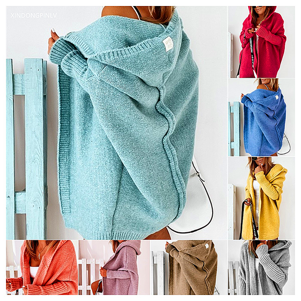 New women  cardigan coat casual knitted hooded bat sleeve coat winter