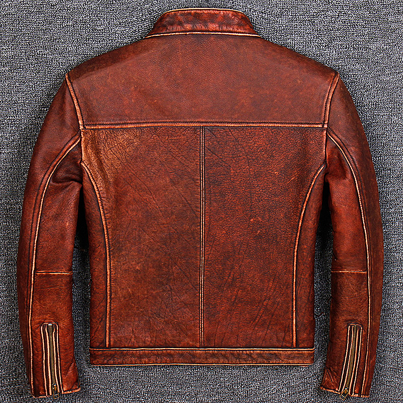 Retro leather jacket men's stand-up collar slim top layer cowhide old motorcycle leather jacket handsome jacket