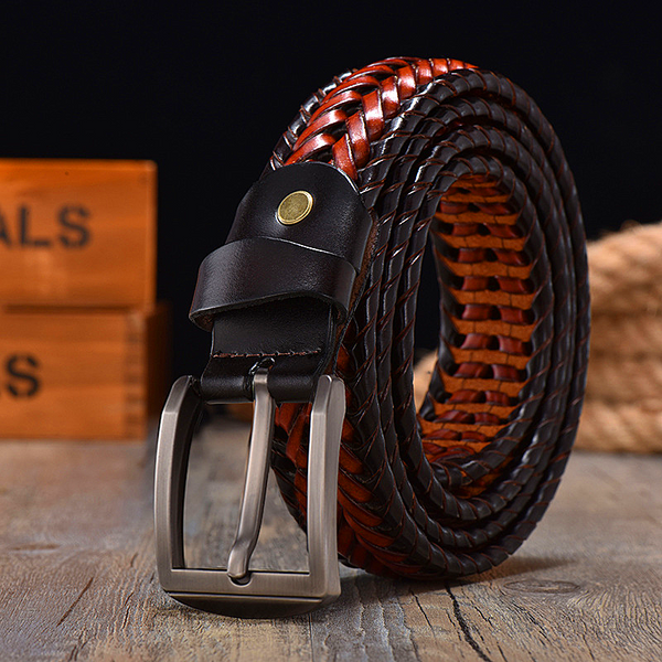 Men belt Hand Woven Belt Men Retro Pure Leather 4cm Wide Casual Needle Buckle