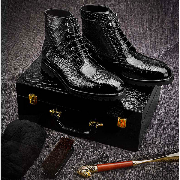 Men shoes Siam crocodile Leather men shoes  combat boots male crocodile boots  fashion  British rubber sole  bottom thick