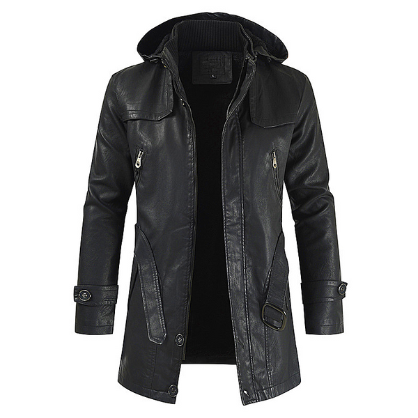 Men leather jacket hooded slim coat