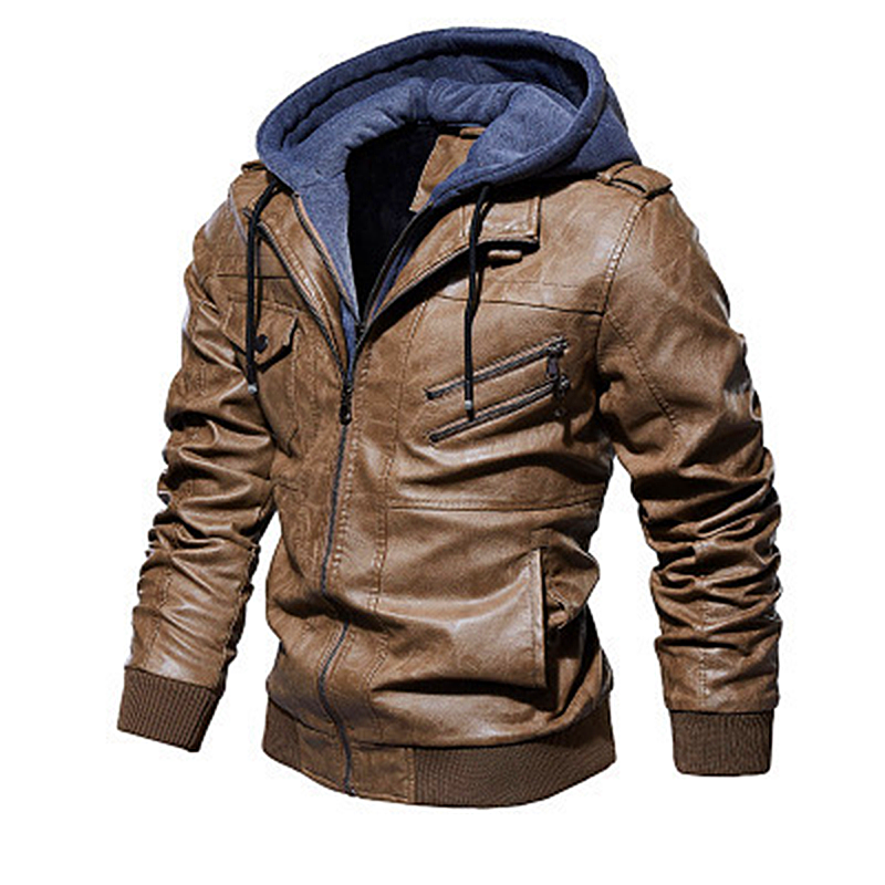 Men hooded leather jacket autumn and winter new leather jacket men's hooded leather jacket men's jacket plus velvet thick leather jacket