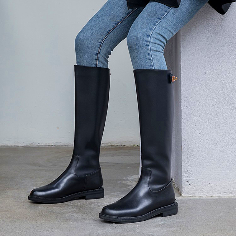 Women boots  Genuine Leather Riding Boots Low Heel Round Toe Shoes Brand Metal Lock Boots Lady Autumn Winter Footwear