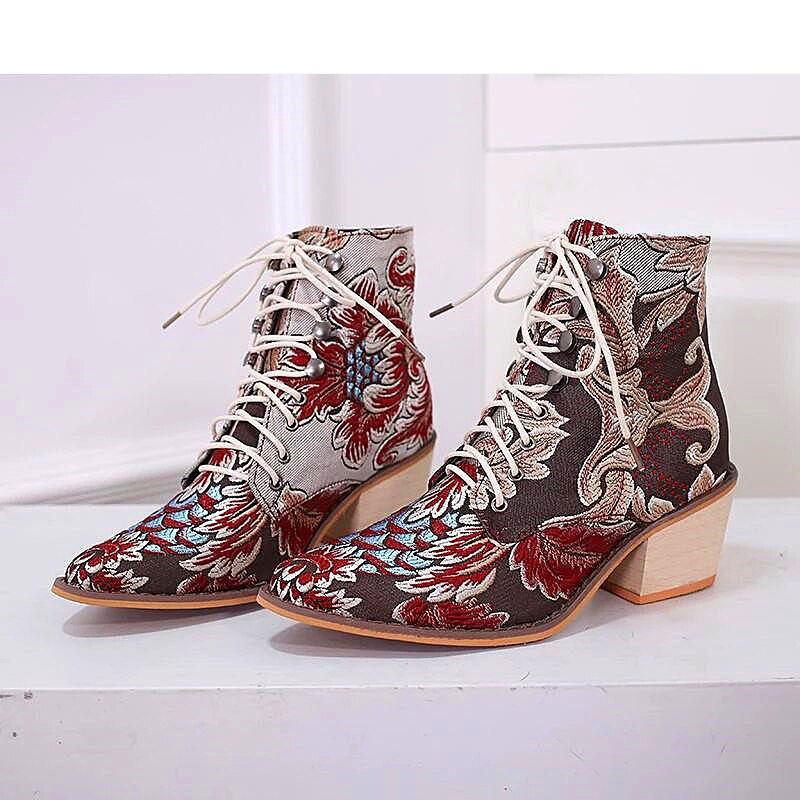 Women shoes thick heel embroidered women's short boots