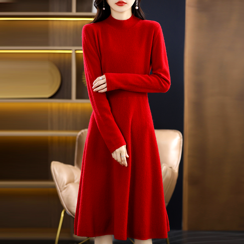 Women cashmere dress Pure Wool Slim Half Turtleneck Women's Mid Length Dress