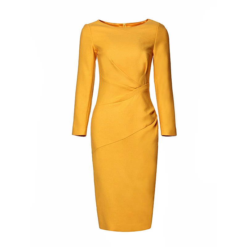 Women dress Neck cuffs add fragrance professional dress French business waist yellow wool tweed high-waisted women's wear