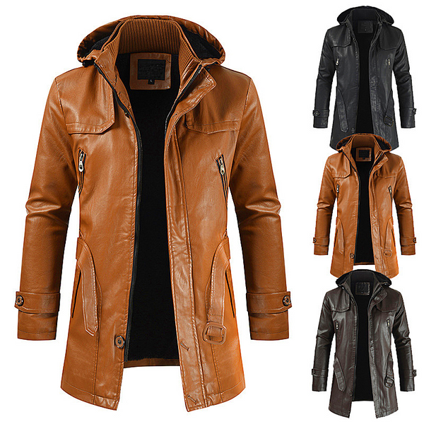 Men leather jacket hooded slim coat