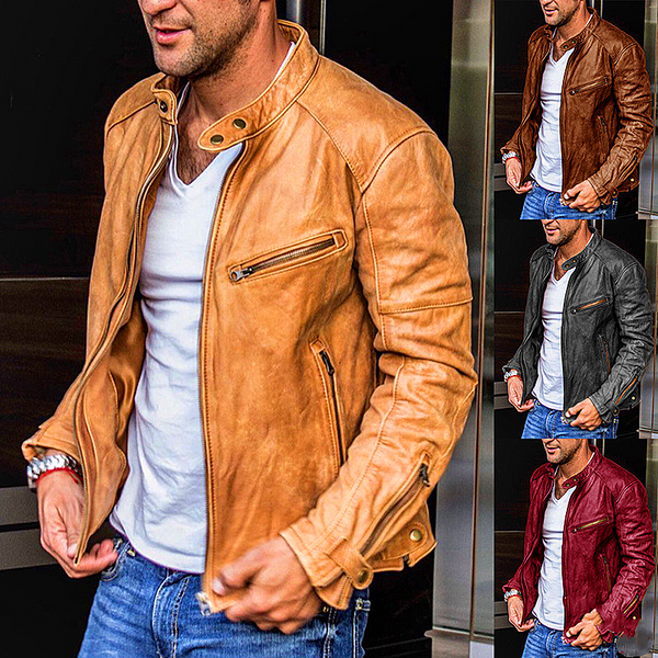 men's leather jacket autumn and winter new solid color casual zipper decoration PU leather jacket men