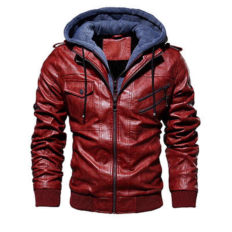 Men hooded leather jacket autumn and winter new leather jacket men's hooded leather jacket men's jacket plus velvet thick leather jacket