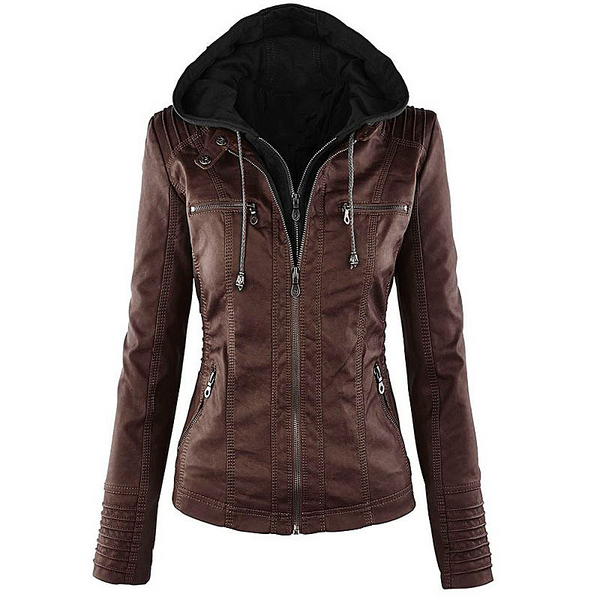 Women leather PU  jacket Hood zipper coat Leather clothin