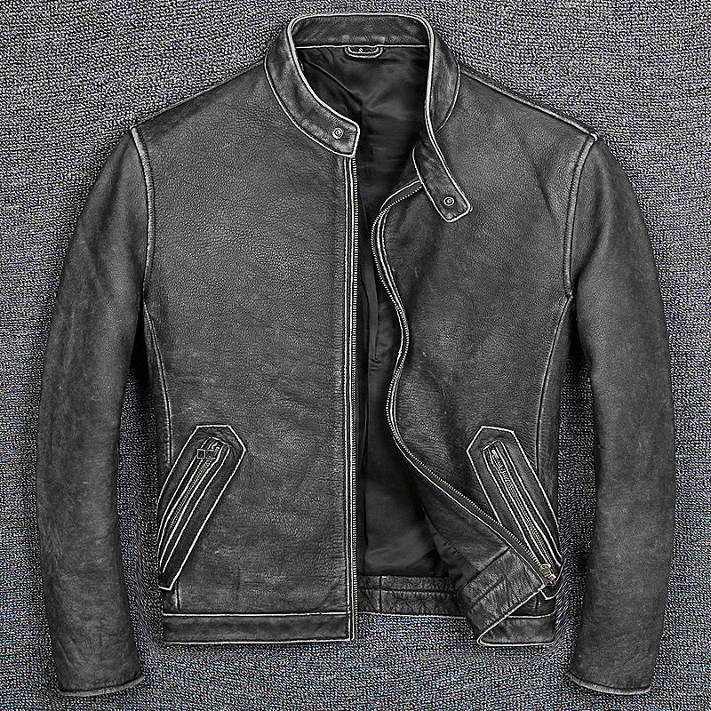 Retro leather jacket men's stand-up collar slim top layer cowhide old motorcycle leather jacket handsome jacket