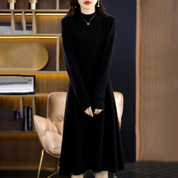 Women cashmere dress Pure Wool Slim Half Turtleneck Women's Mid Length Dress