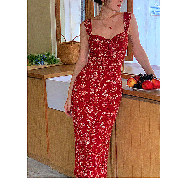 women Red French style Long Floral Neck Waist Slip Dress