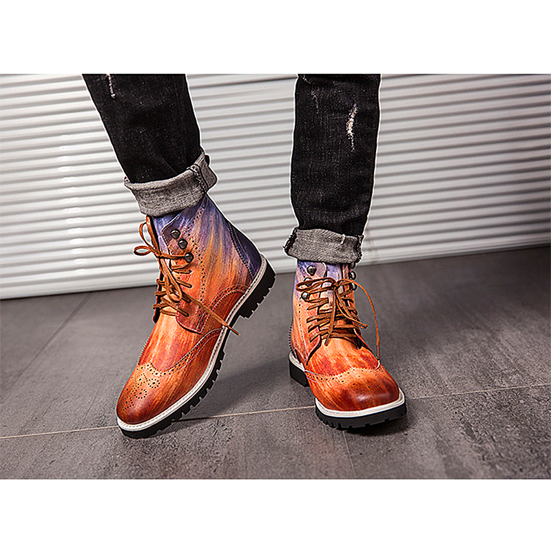 Men shoes high-top leather shoes British style fashion Martin boots brogue carved retro leather shoes tooling boots