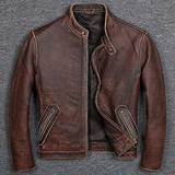 Retro leather jacket men's stand-up collar slim top layer cowhide old motorcycle leather jacket handsome jacket