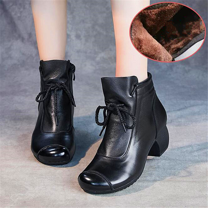 Women shoes retro shoes autumn and winter comfortable leather boots side zipper retro middle heel short boots thick heel lace up women's boots