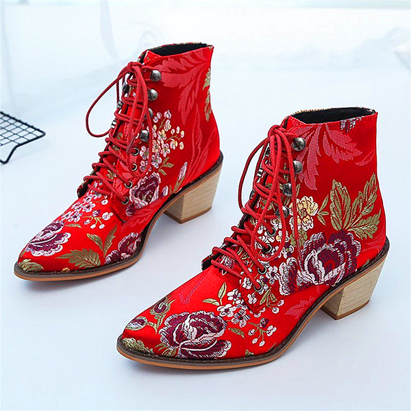 Women shoes thick heel embroidered women's short boots