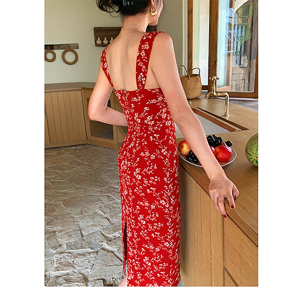 women Red French style Long Floral Neck Waist Slip Dress