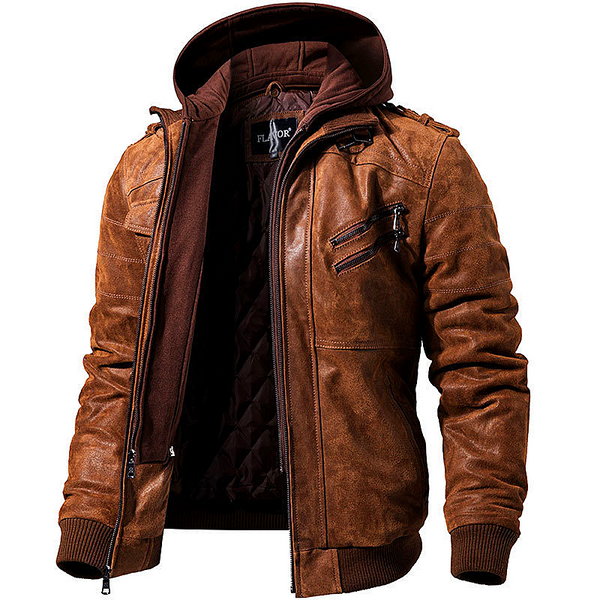 Men hooded leather jacket autumn and winter new leather jacket men's hooded leather jacket men's jacket plus velvet thick leather jacket