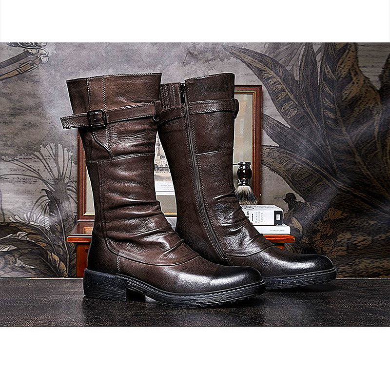 Men shoes  Martin boots men's high-top long barrel thick bottom side zipper British retro middle-top leather shoes men's motorcycle boots