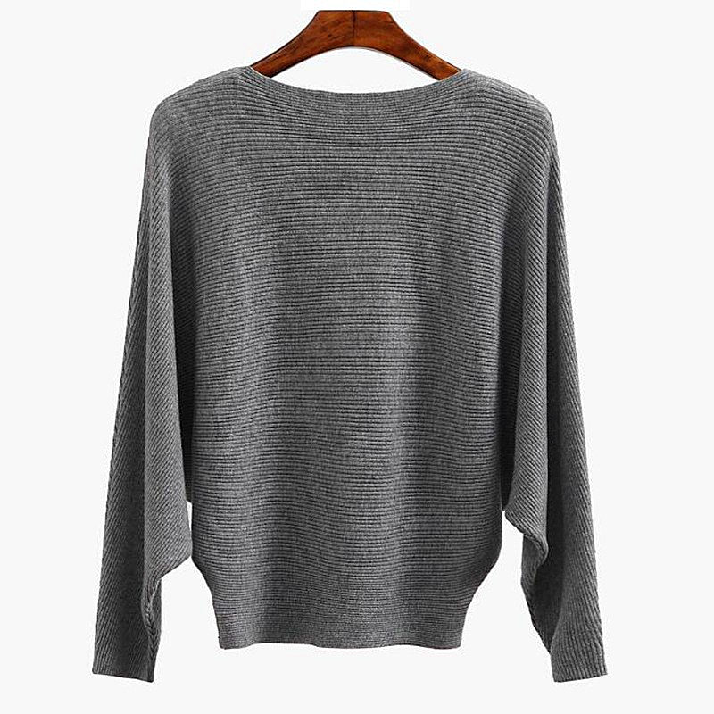 Women warm knitted top, small bat sleeves, loose autumn thin pullover, solid color, simple temperament, one word neck sweater