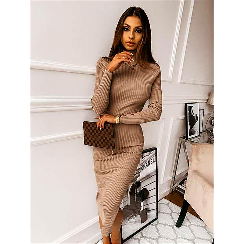 Women's Button-embellished Backless Long Sleeve Solid color Dress winter