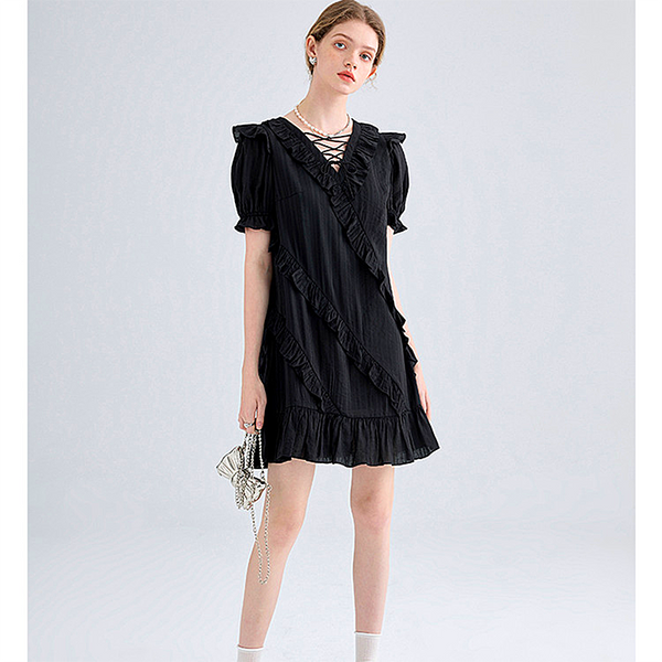 Black dress Design Sense Cross-tie women Ruffled Little Black Dress