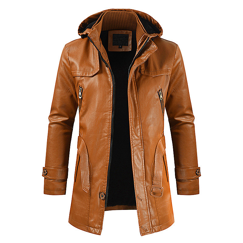 Men leather jacket hooded slim coat