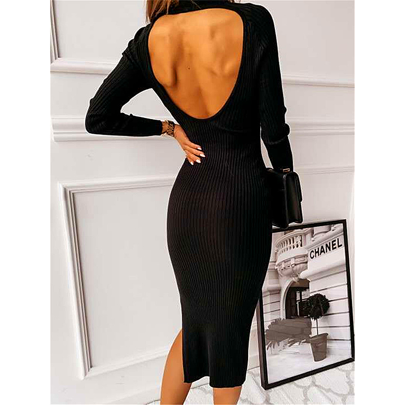 Women's Button-embellished Backless Long Sleeve Solid color Dress winter