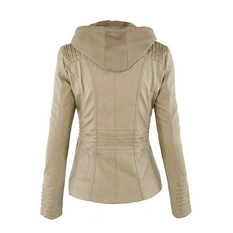 Women leather PU  jacket Hood zipper coat Leather clothin