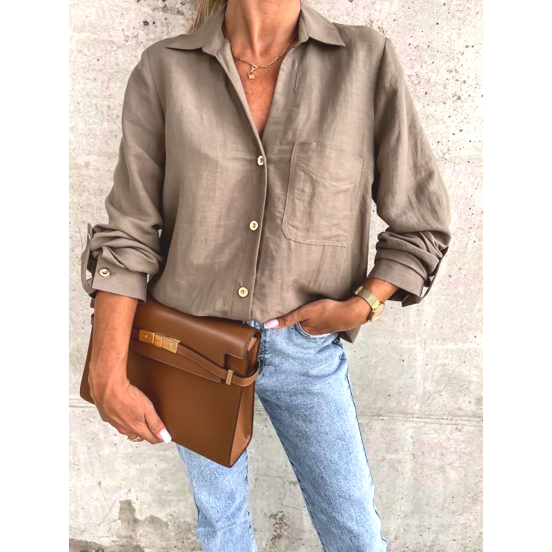 Women shirt  Simple Solid Color Roll Sleeve V-Neck Button Lapel Shirt