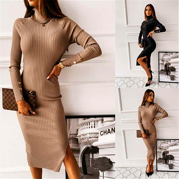 Women's Button-embellished Backless Long Sleeve Solid color Dress winter