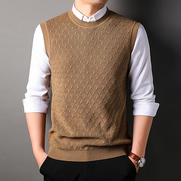 Men vest knit vest men's round neck sleeveless sweater solid color jacqué vest