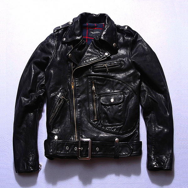 Men leather jacket  motorcycle riding motorcycle clothing lapel oblique zipper belt leather jacket jacket