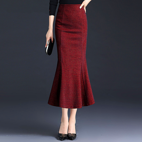 women Hip skirt Autumn winter fishtail skirt New skirt appears thin mid-length bag skirt red plaid long skirt female Ou Han wool high waist