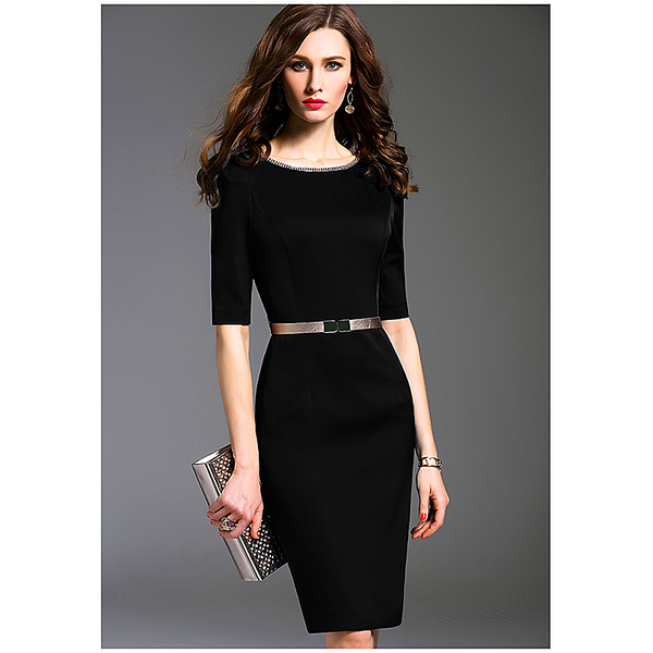 Women Neck sleeves add fragrance summer slim elegant temperament professional wear women's wear OL bag hips mid-sleeve dress dress dress