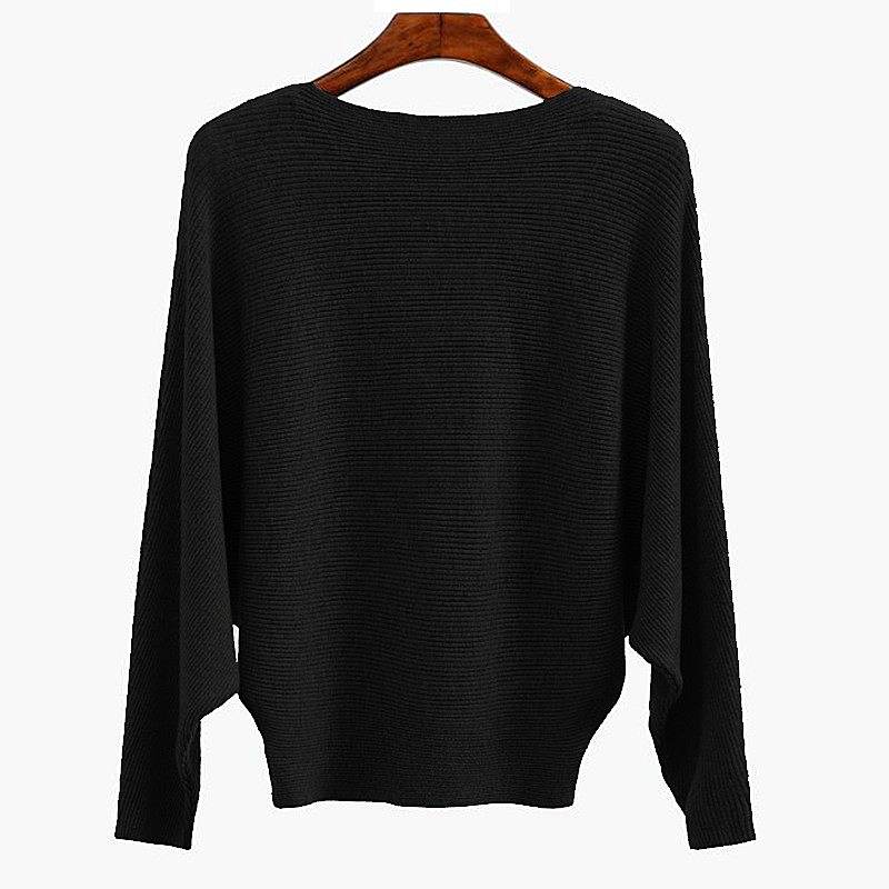 Women warm knitted top, small bat sleeves, loose autumn thin pullover, solid color, simple temperament, one word neck sweater