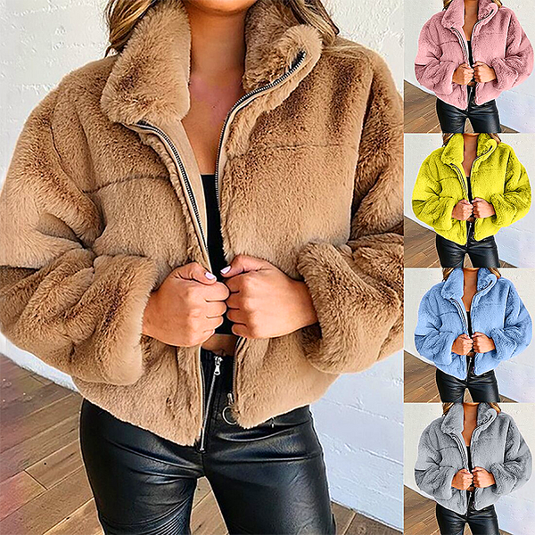 Women's plush short coat with stand-up collar zipper cardigan