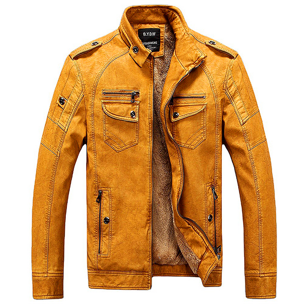 Fleece Men's leather coat Plush loose leather jacket washed Pu men's coat